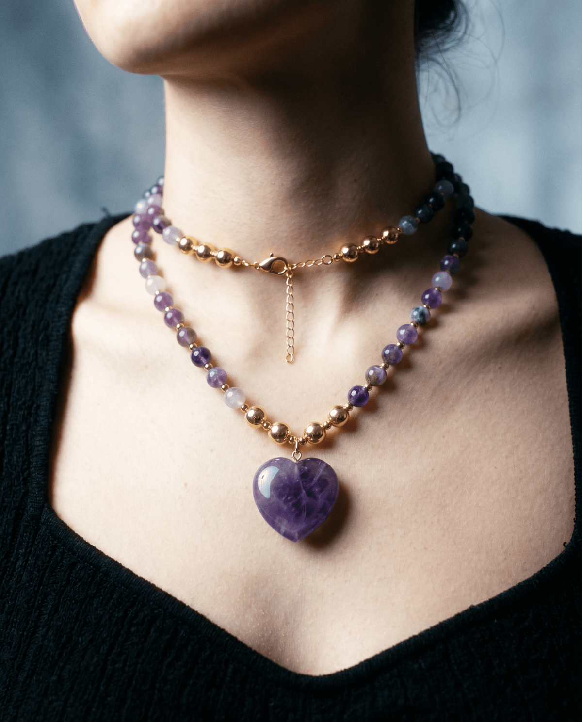 Carved amethyst heart pendant detail – Phoebe's
