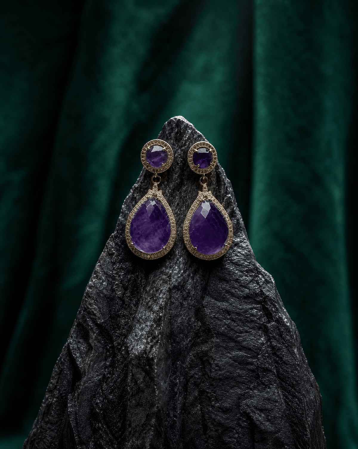 Amethyst teardrop statement earrings with CZ halo – Phoebe's