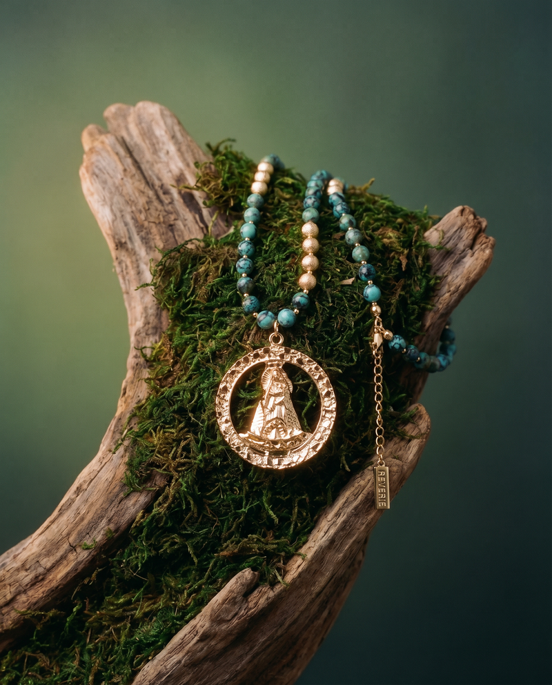 Our Lady Star of the Sea Long Necklace · Green Jasper Beads ·