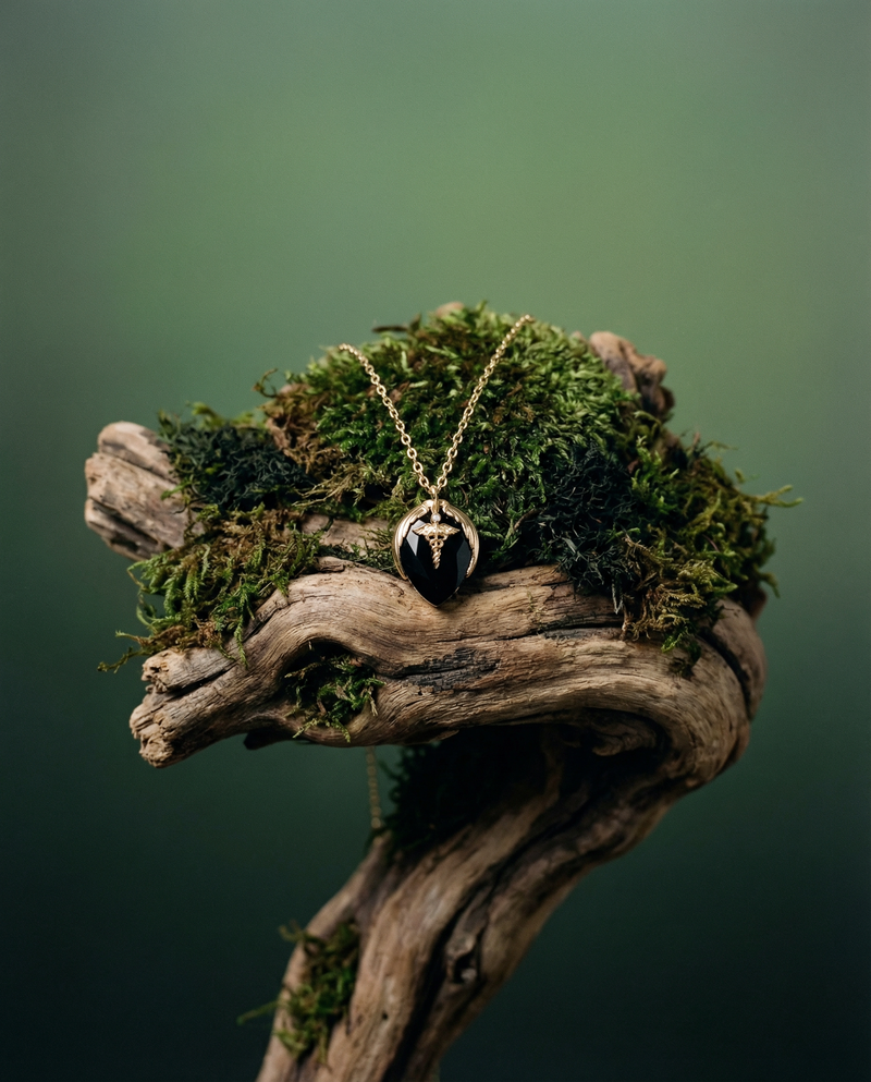 Black Agate Caduceus Heart Necklace