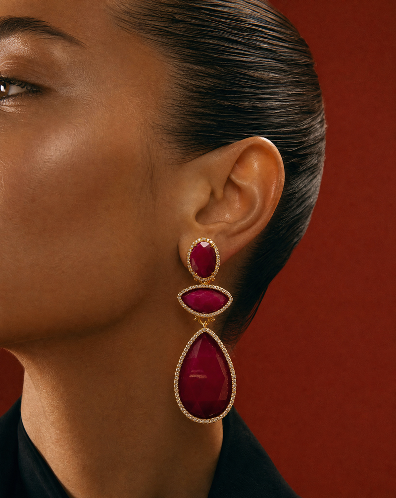 Red Jade Triple Drop Statement Earrings | Maximalist Earrings