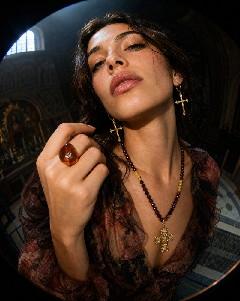 Wood Bead Cross Necklace, Pavé Cross Drop Earrings & Amber Resin Ring Set | Catholic Jewelry