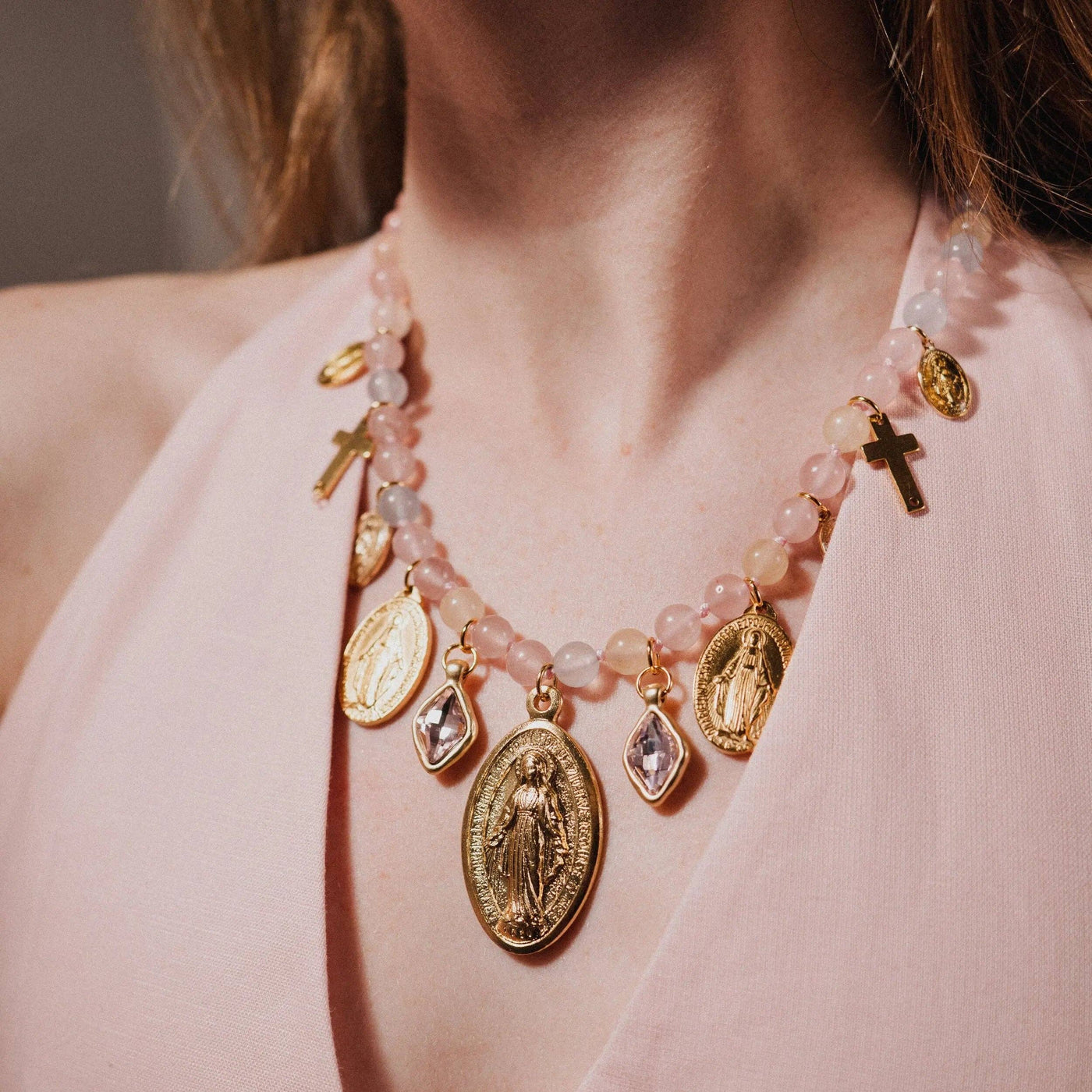 Rose Quartz Virgin Mary Necklace | Protection Jewelry