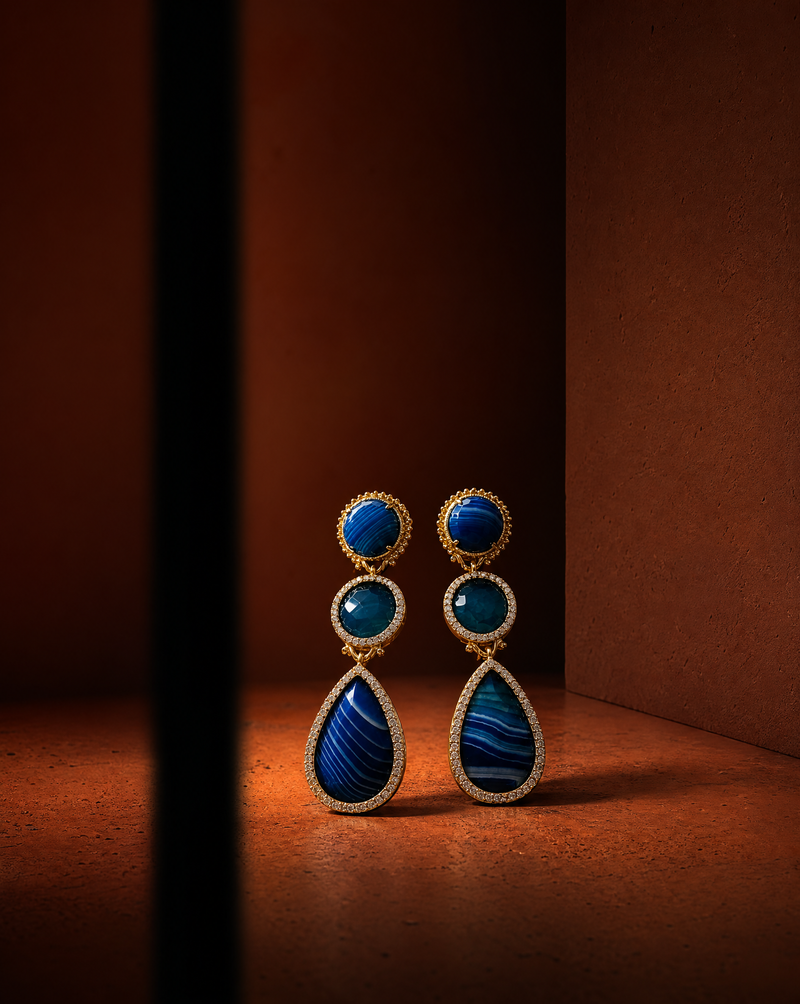 Blue Agate Triple Drop Statement Earrings | Maximalist Earrings Wholesale