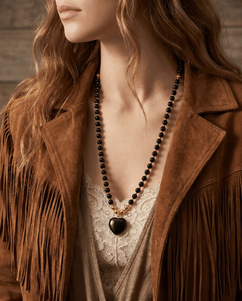 Black obsidian beaded heart necklace, handmade – Phoebe's