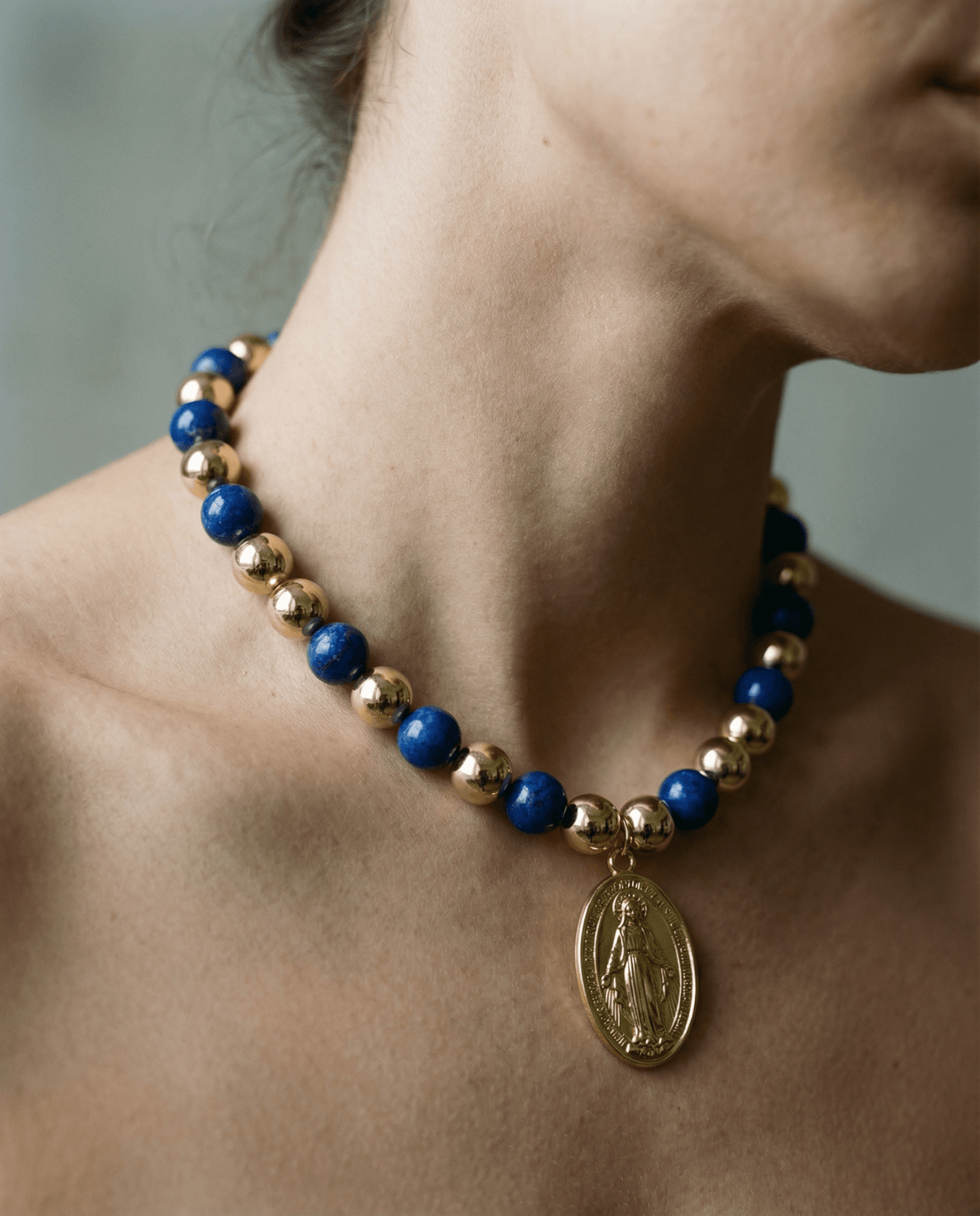 Blue and gold beaded Virgin Mary medal necklace – Phoebe's