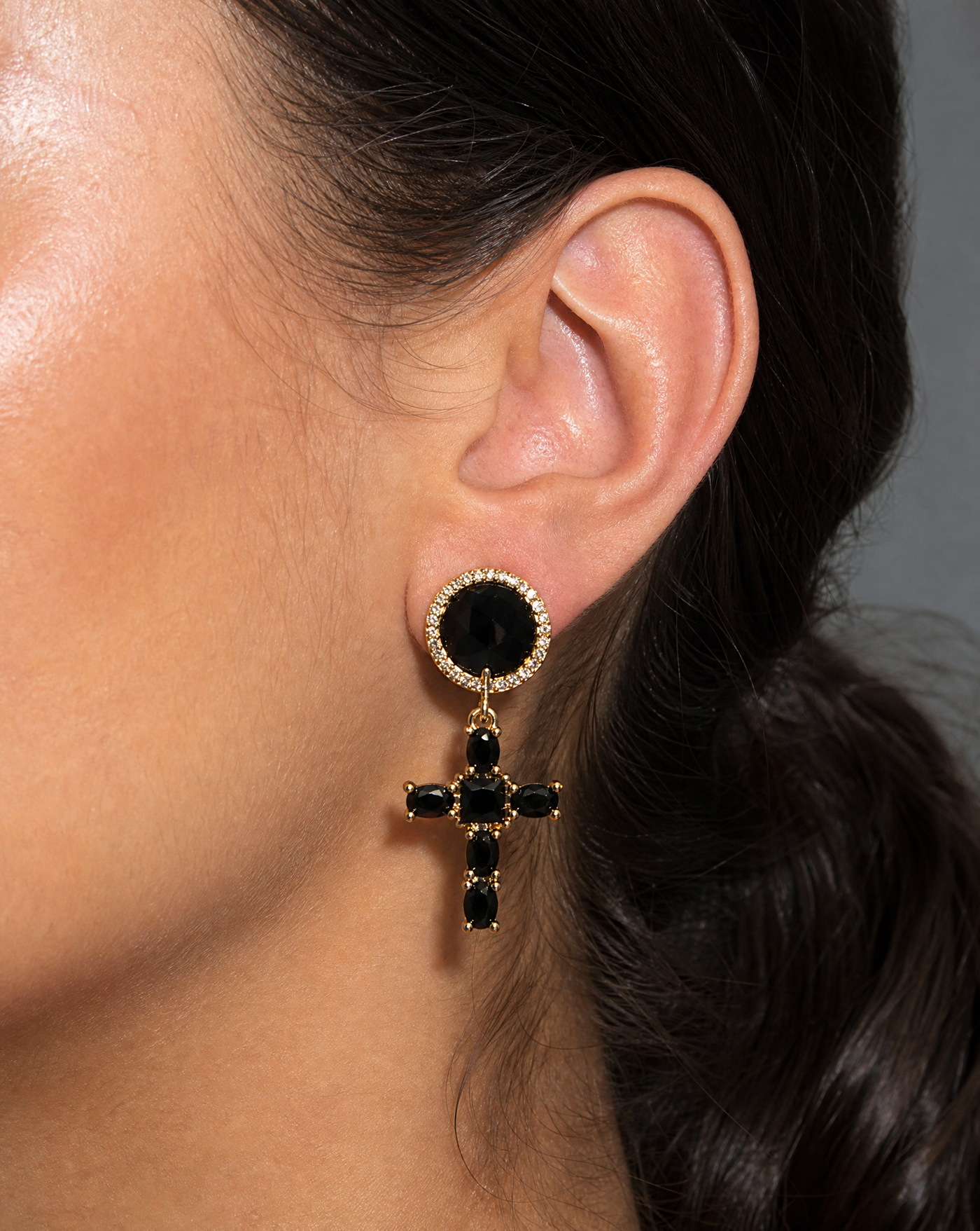 Croix Noir Earrings — Black Agate and Cubic Zirconia