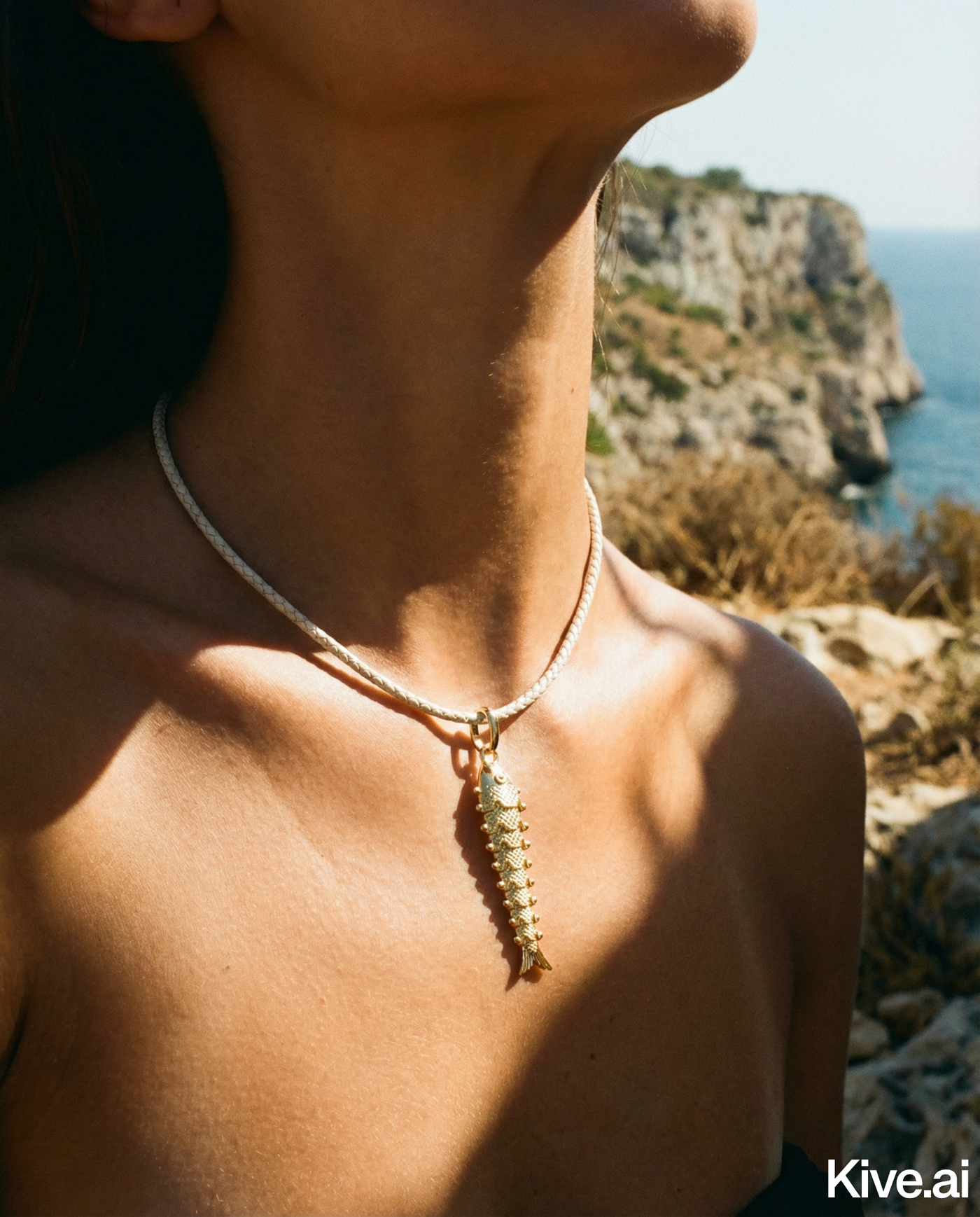 Gold Fish Bone Pendant Necklace