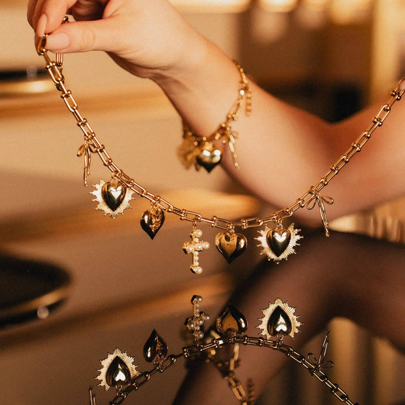 Ex-voto necklace of hearts and crosses with pearls