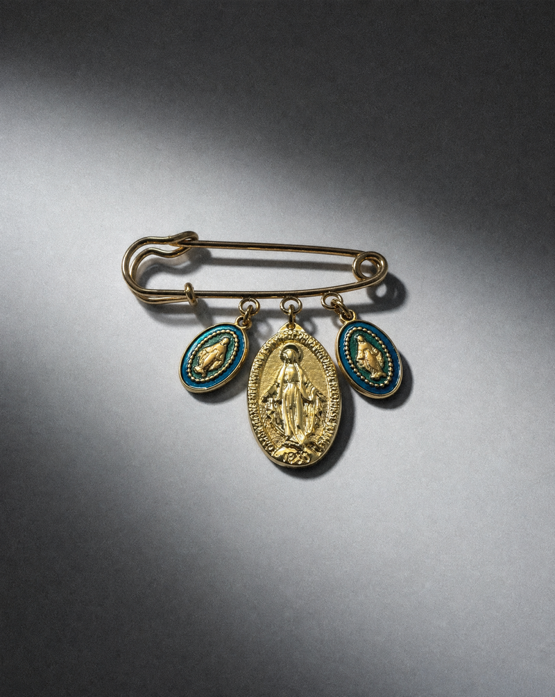 Turquoise Enamel Miraculous Mary Medal Pin Brooch