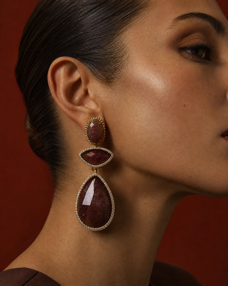 Strawberry Quartz Double Drop Statement Earrings | Gemstone Maximalist Earrings