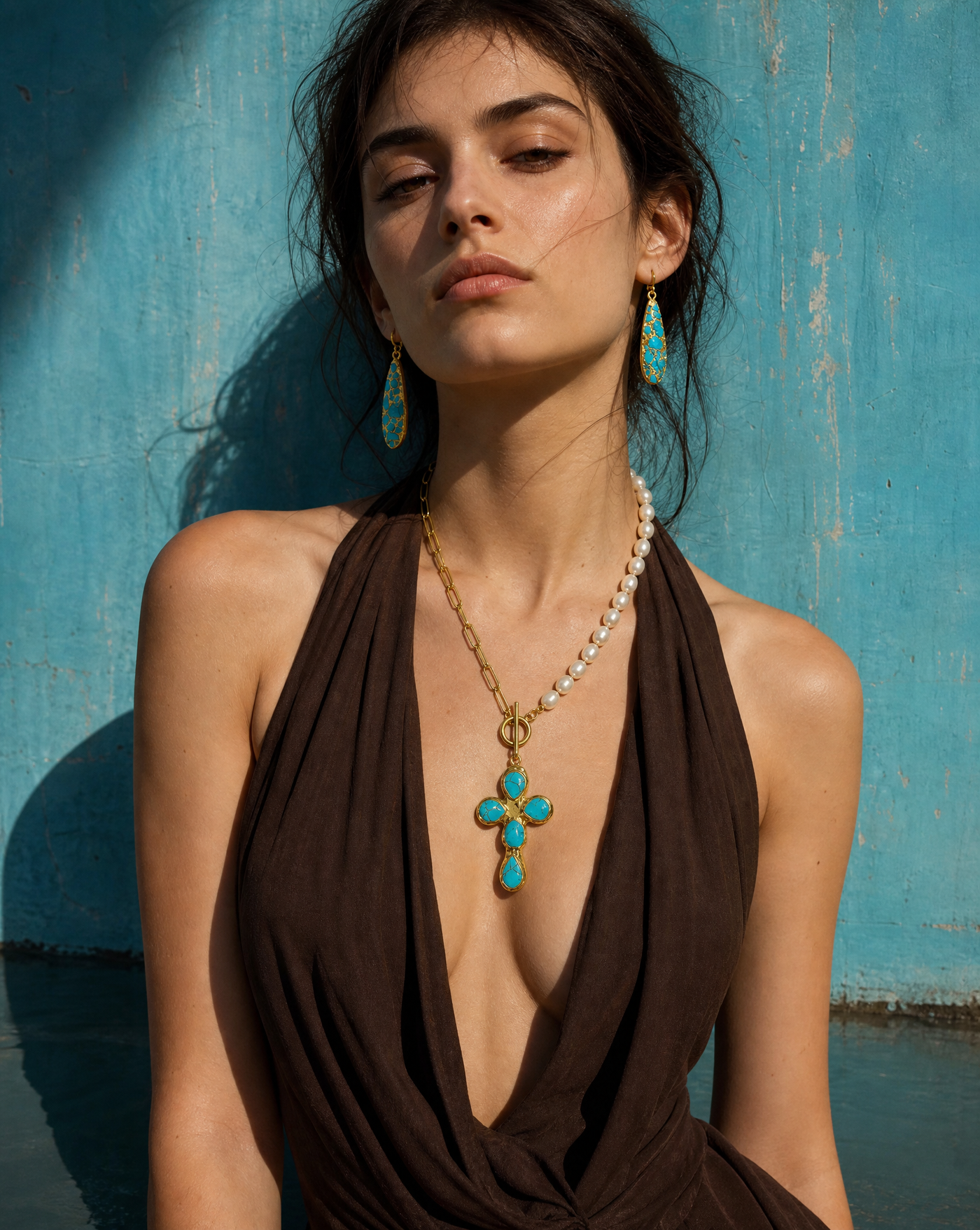Turquoise Cross Pearl Necklace & Earring Set | Spiritual Jewelry