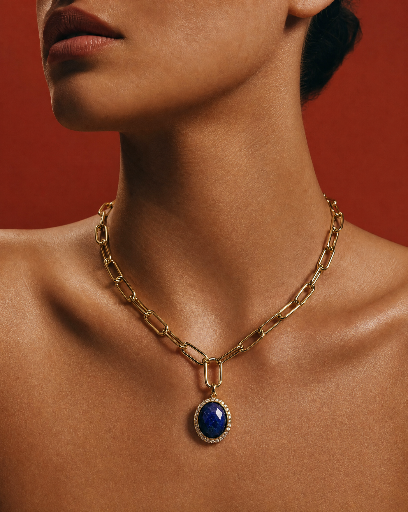 Natural Stone Oval Pendant Necklace | Paperclip Chain Layering Necklace