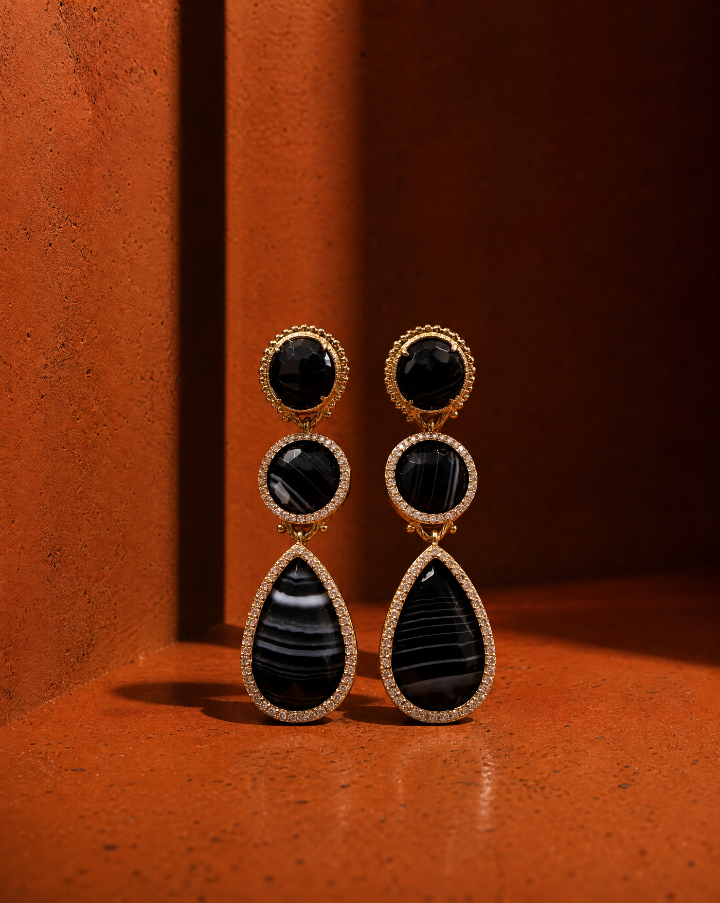 Black Striped Agate Drop Statement Earrings