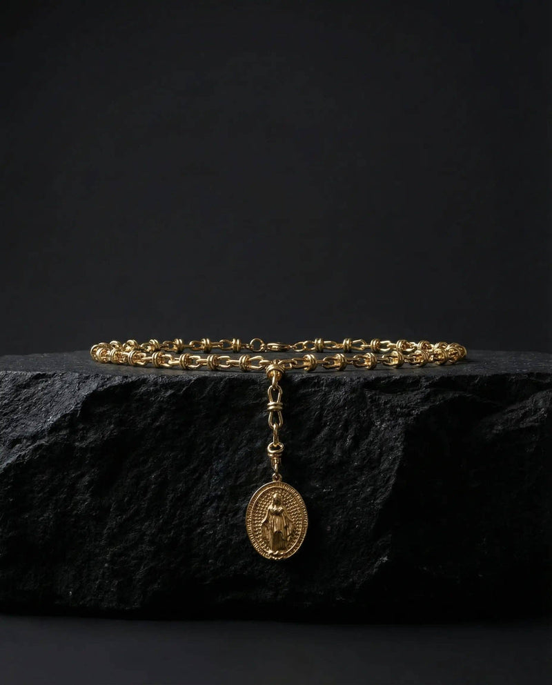 Virgin Mary Medal Necklace with Colored Zircons · 18K Gold Plated