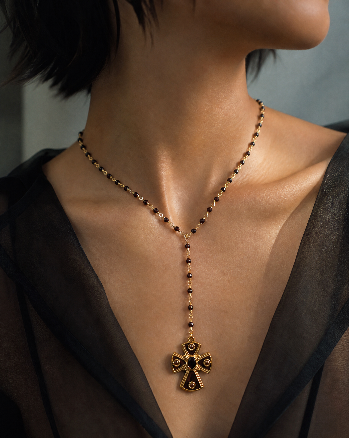 Burgundy Crystal Cross Rosary Chain Necklace