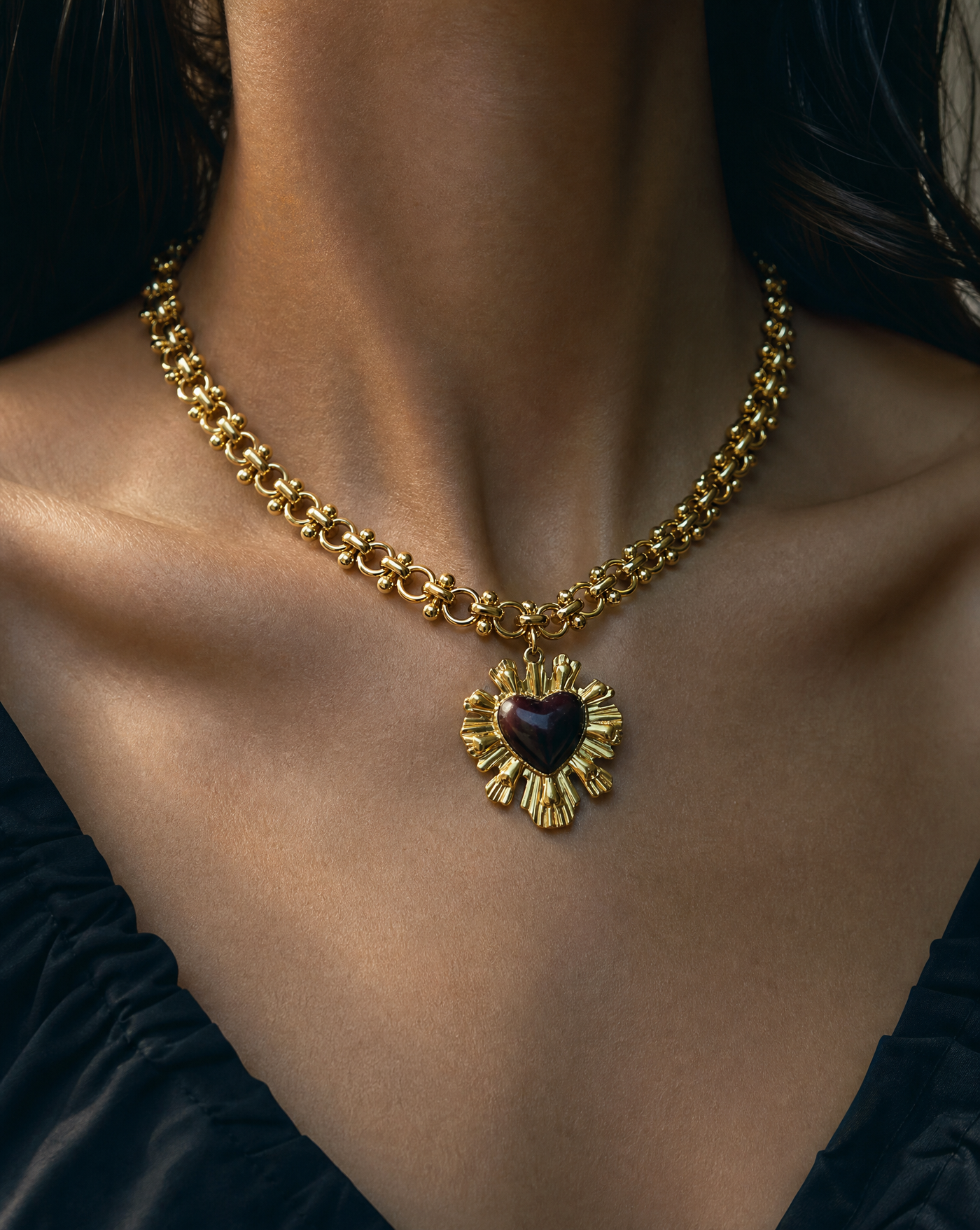 Gold Sunburst Heart Necklace | Vintage Enamel Statement Jewelry