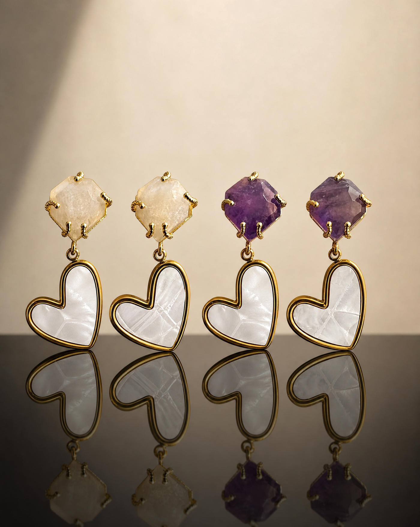 White Quartz Heart Drop Earrings