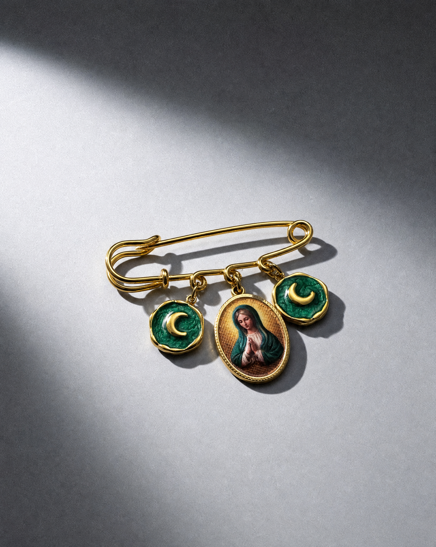 Virgin Mary & Crescent Moon Triple Charm Safety Pin Brooch
