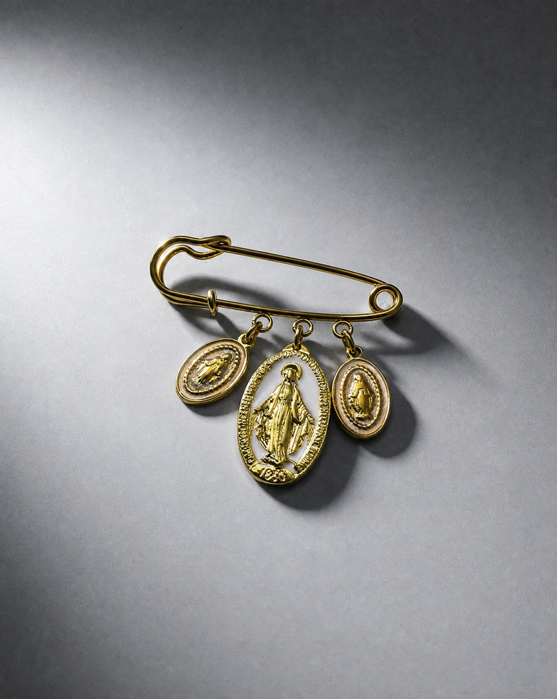 Miraculous Medal Triple Charm Pin Brooch | Devotional Jewelry Boutique