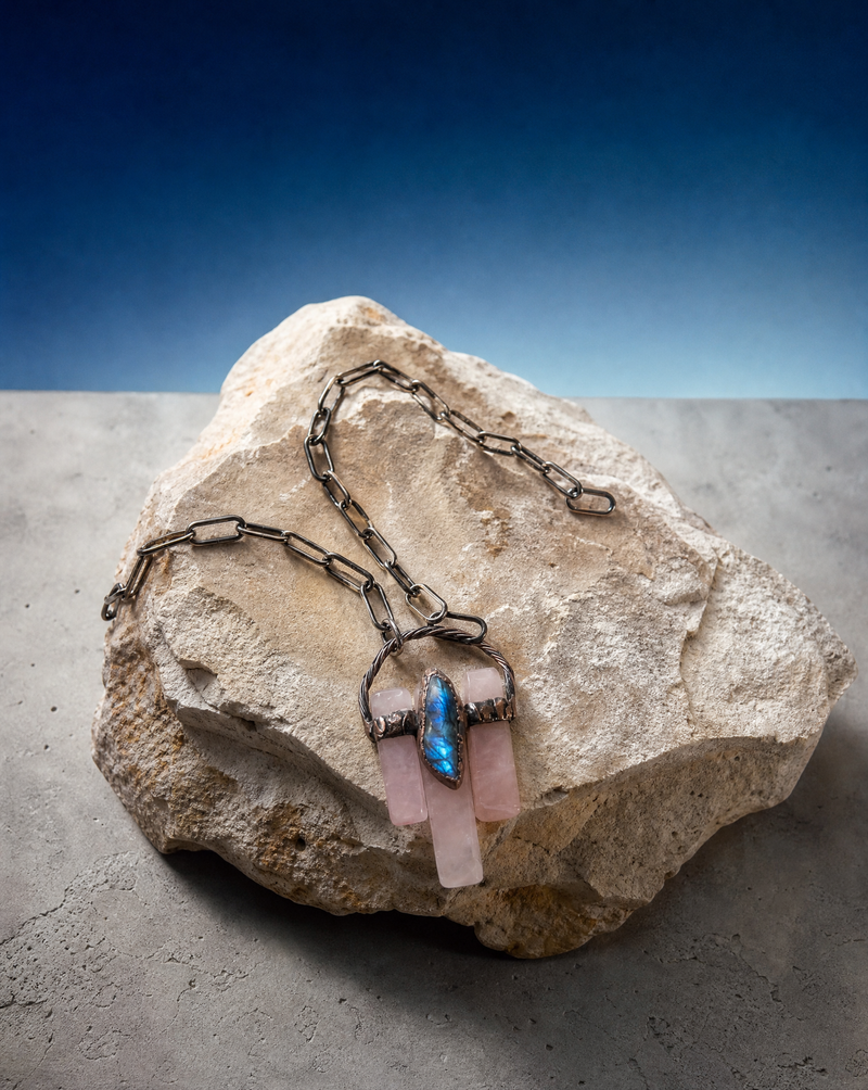 Rose Quartz & Labradorite Crystal Cluster Pendant Necklace | Artisan Boho Necklace