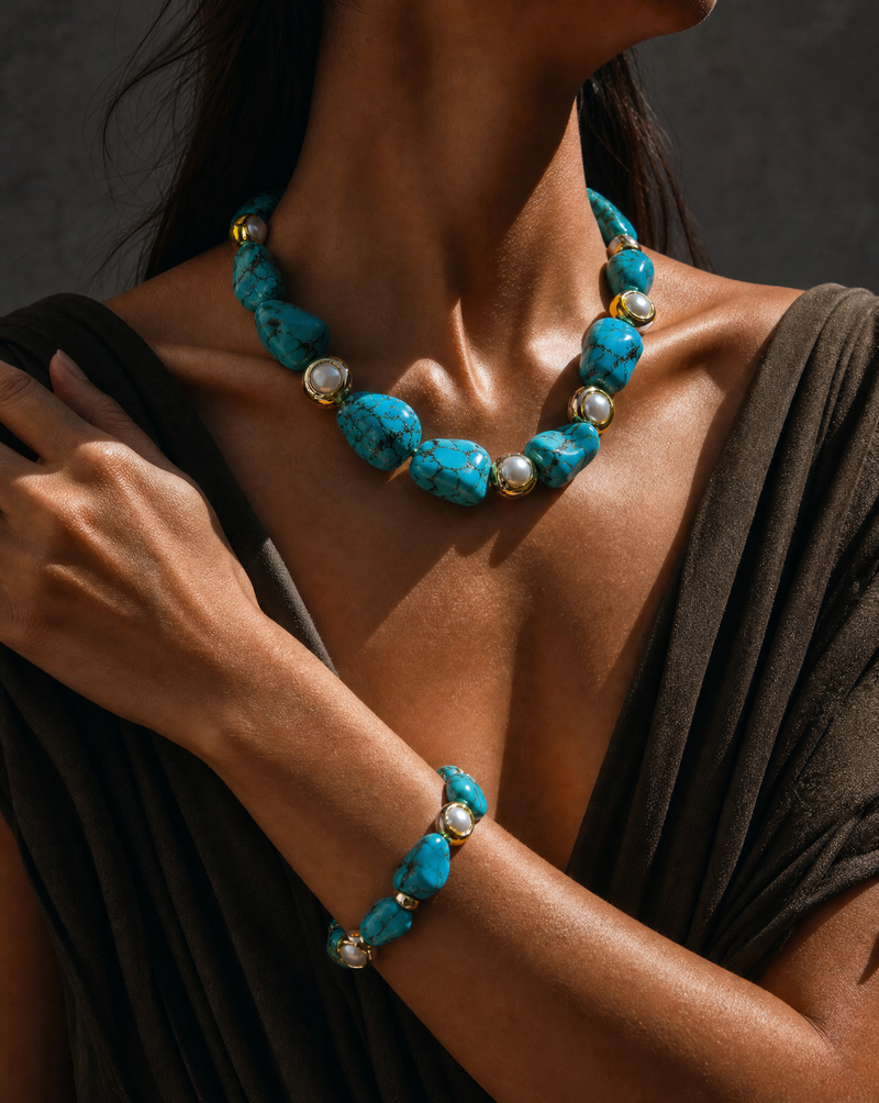 Turquoise & Pearl Jewelry Set · Natural Stone Necklace & Bracelet