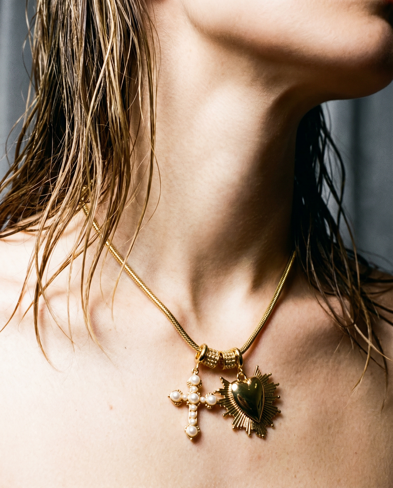 Sacred Heart & Pearl Cross Charm Necklace