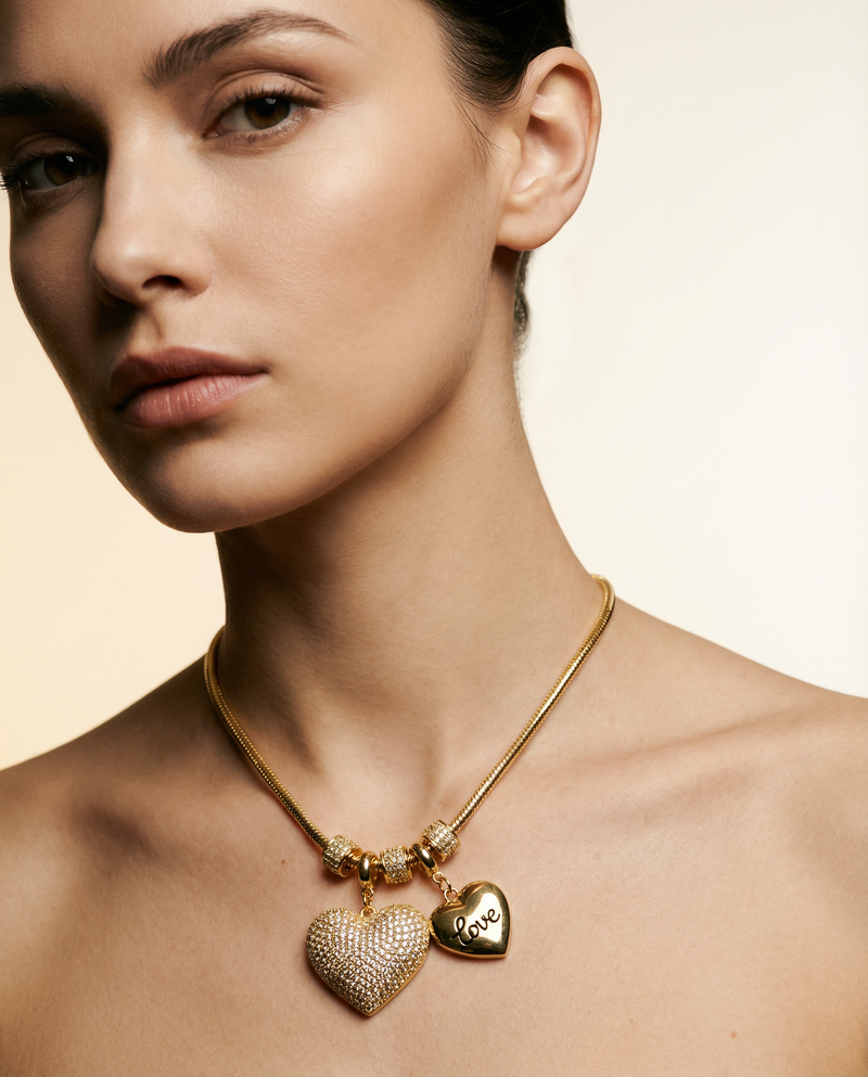 Necklace with Cubic Zirconia Hearts and Customizable Locket