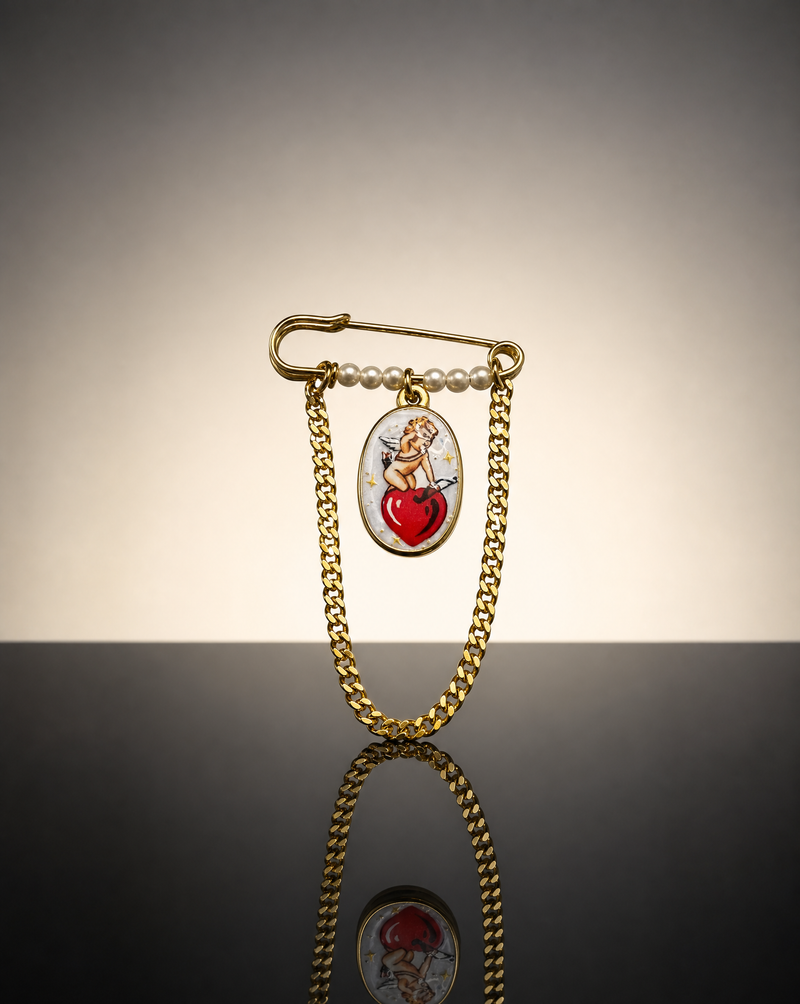 Cupid Heart Pearl Chain Pin Brooch