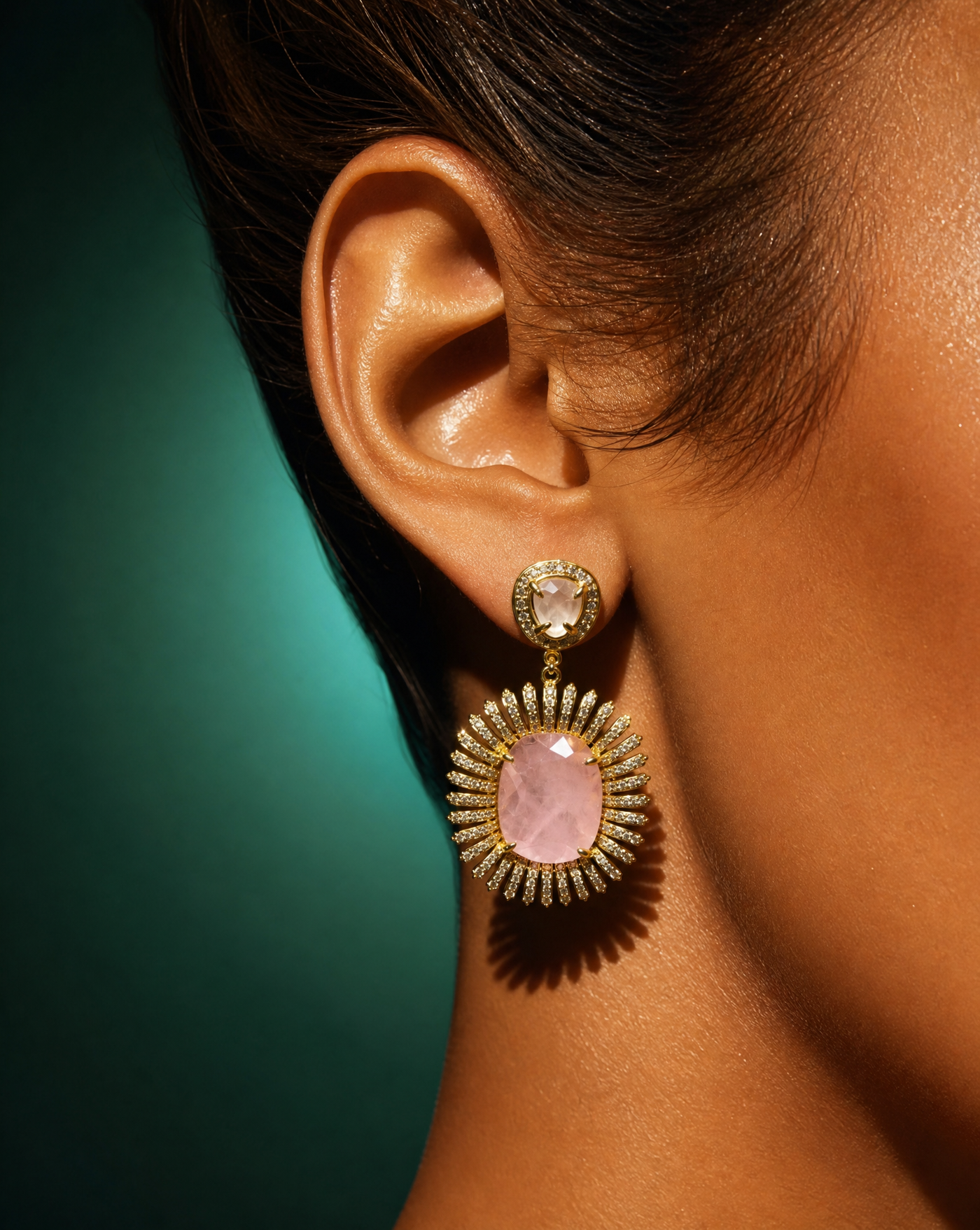 Gold Rose Quartz Statement Earrings | Handmade Natural Stone