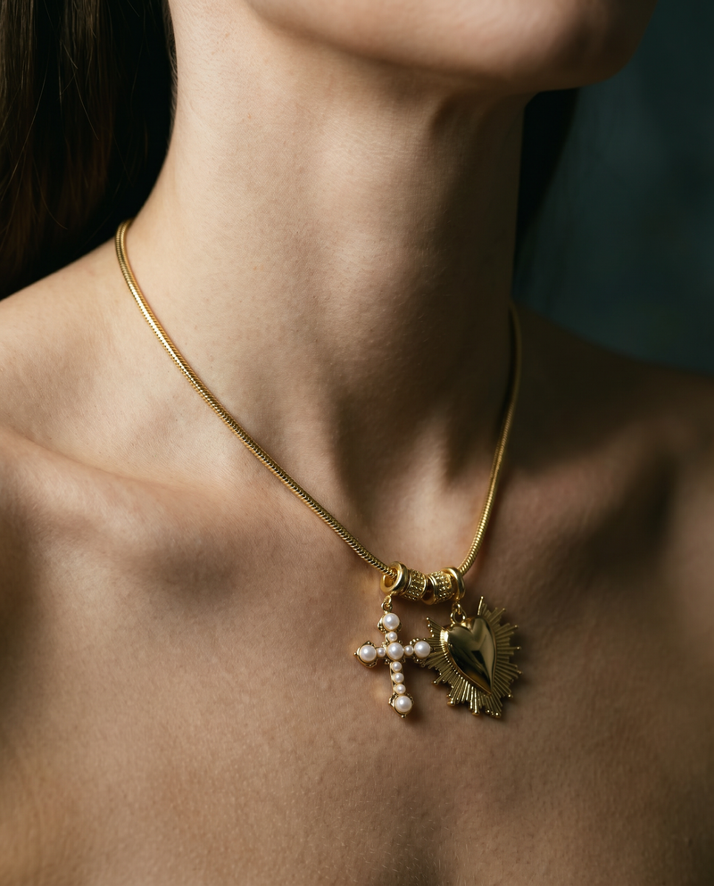 Sacred Heart & Pearl Cross Charm Necklace