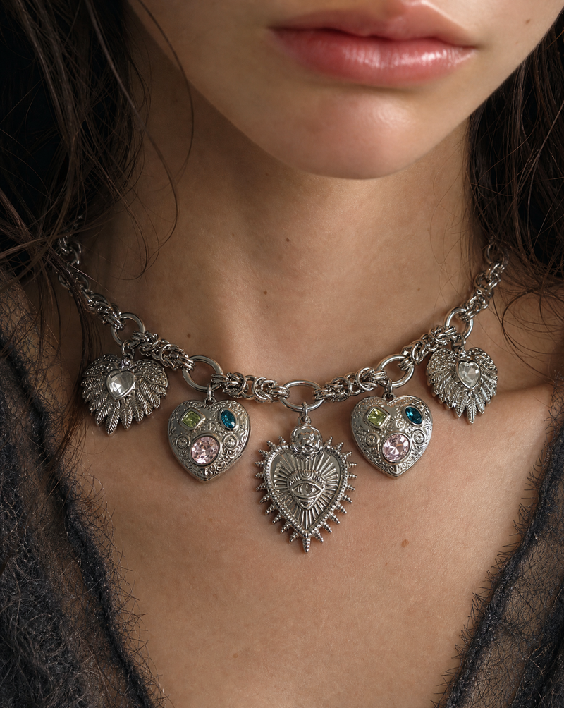 Devotion Heart Multi-Charm Silver Statement Necklace