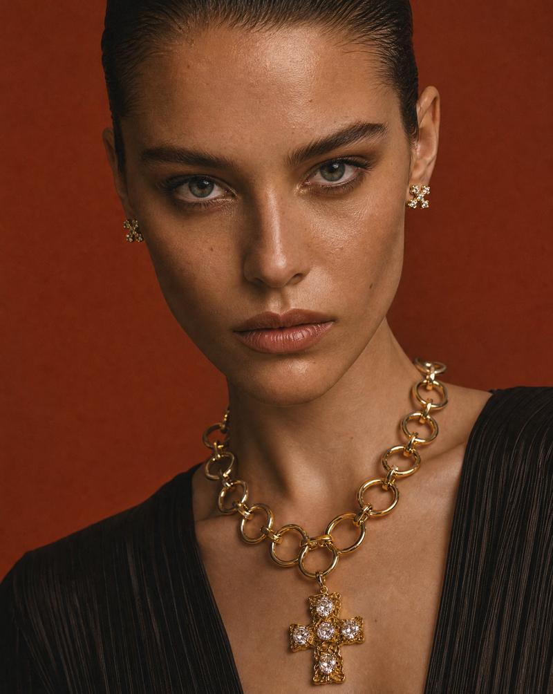 CZ Cross Chain Necklace & Stud Earrings Set