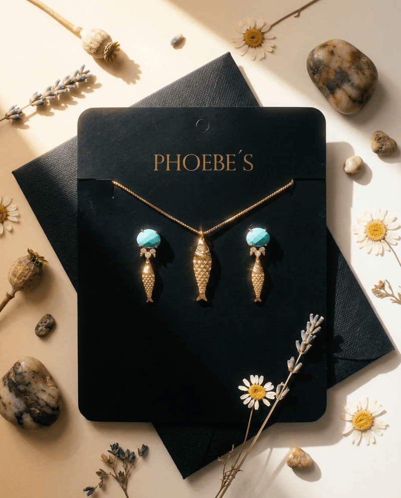 Goldfish and turquoise necklace and earrings set – Phoebe's