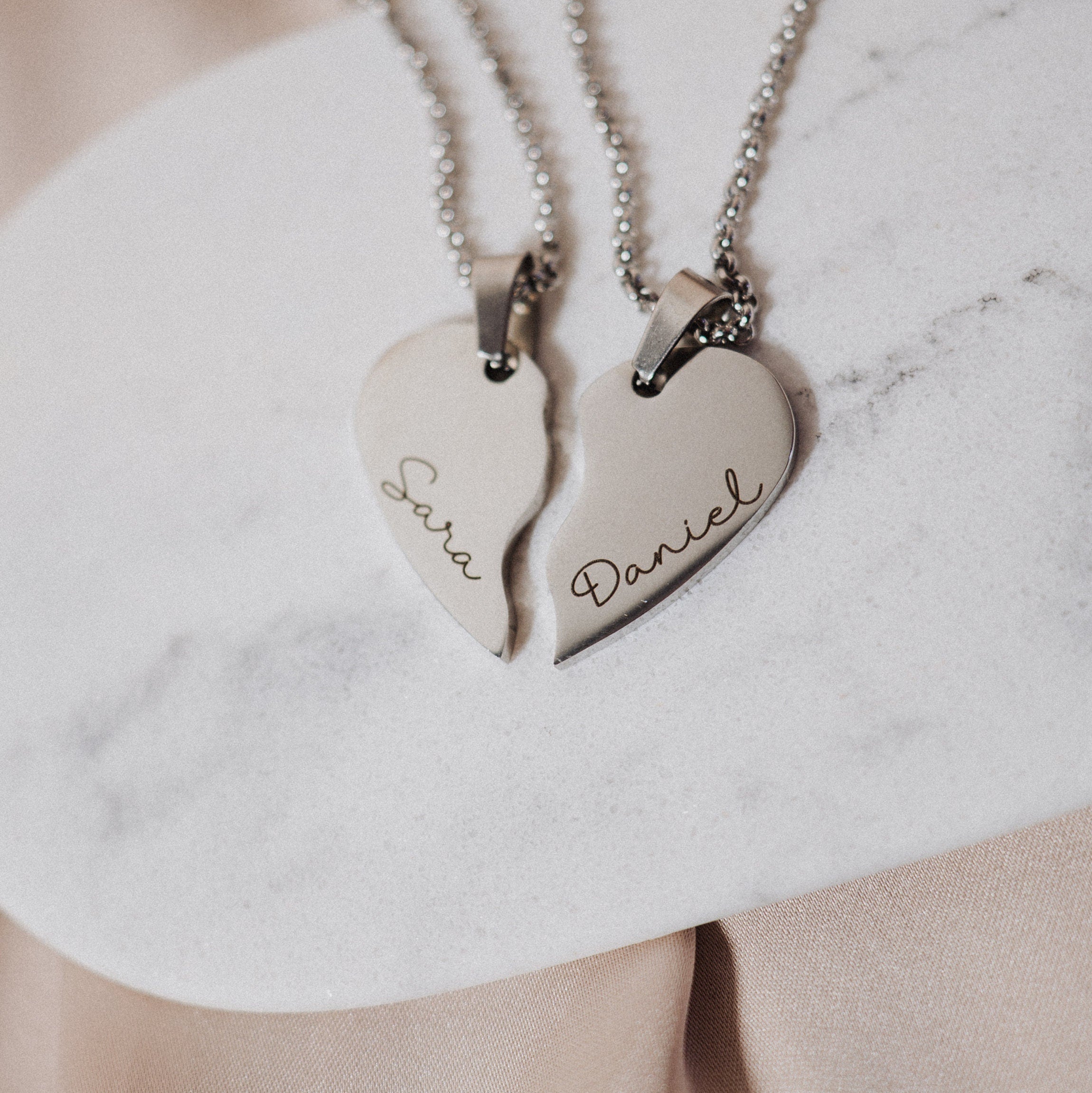 Split Hearts Shape Necklace, Personalized Engraved, Custom Names, Special Gift, Unisex Engraved Jewelry, Share Love Heart Pendant