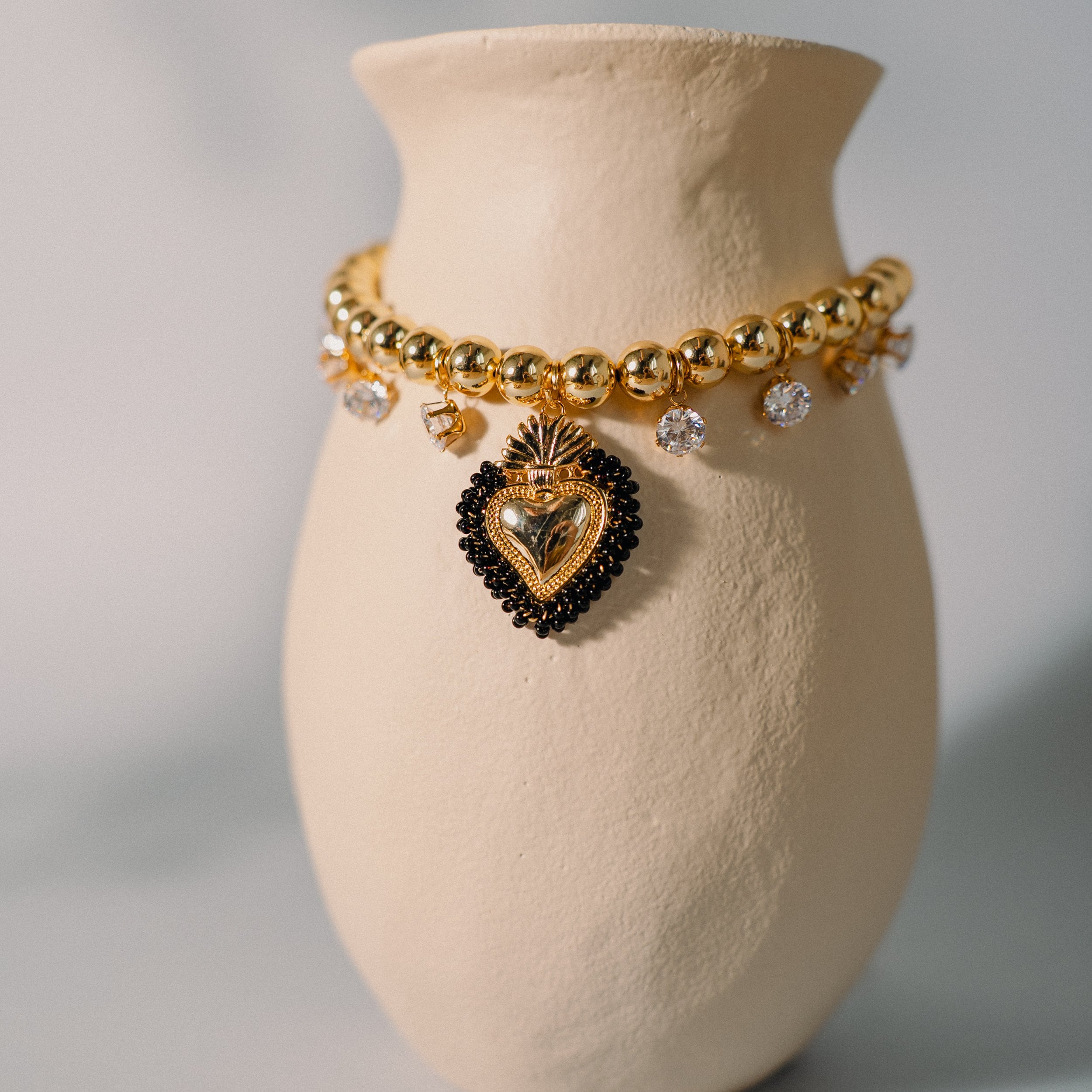 Gold Beads Necklace, Heart Pendant, Catholic Gift