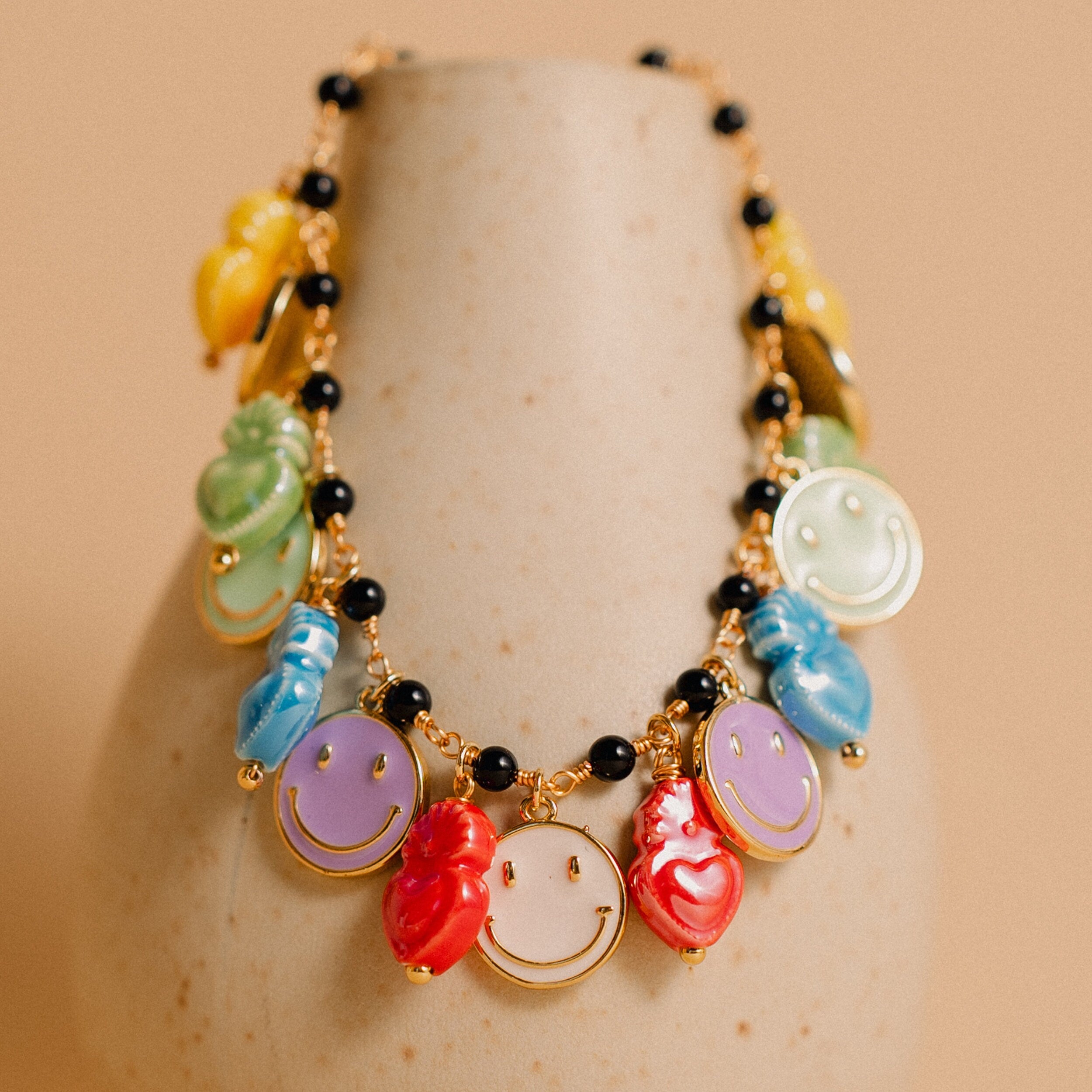 Smiley Face Necklace, Colorful Charms, Handmade Gift