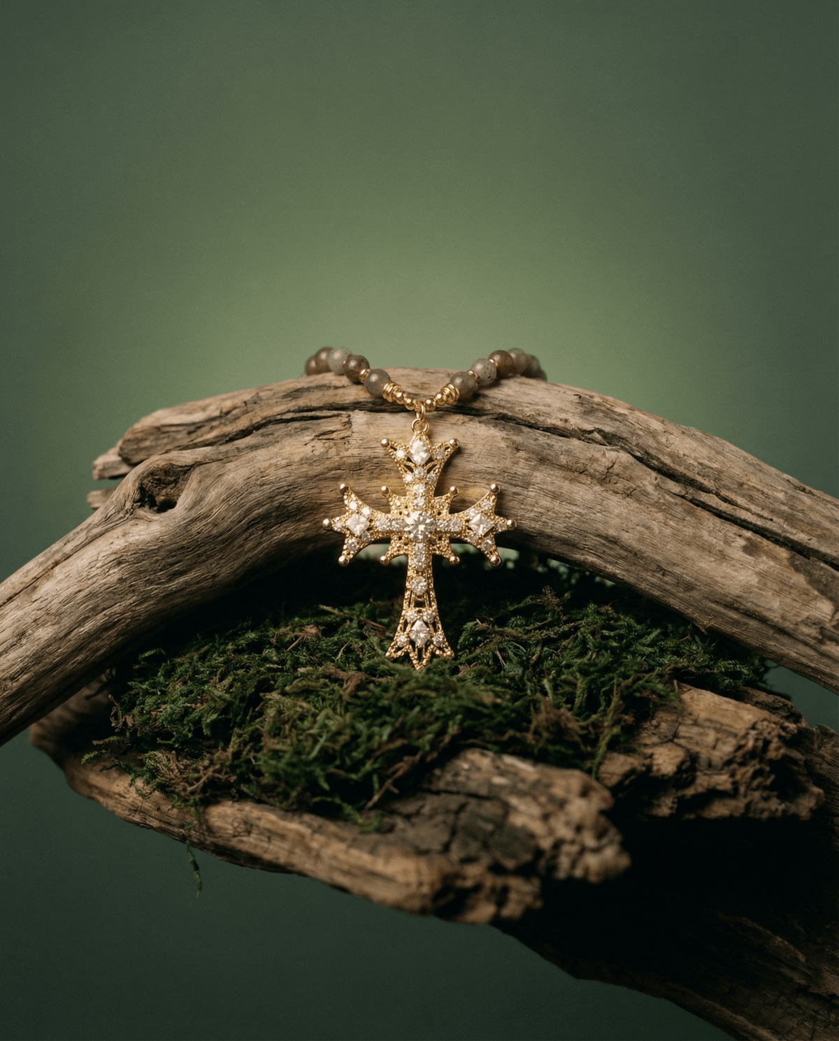 Labradorite Beaded Necklace with Cross, view 2 – Phoebe's