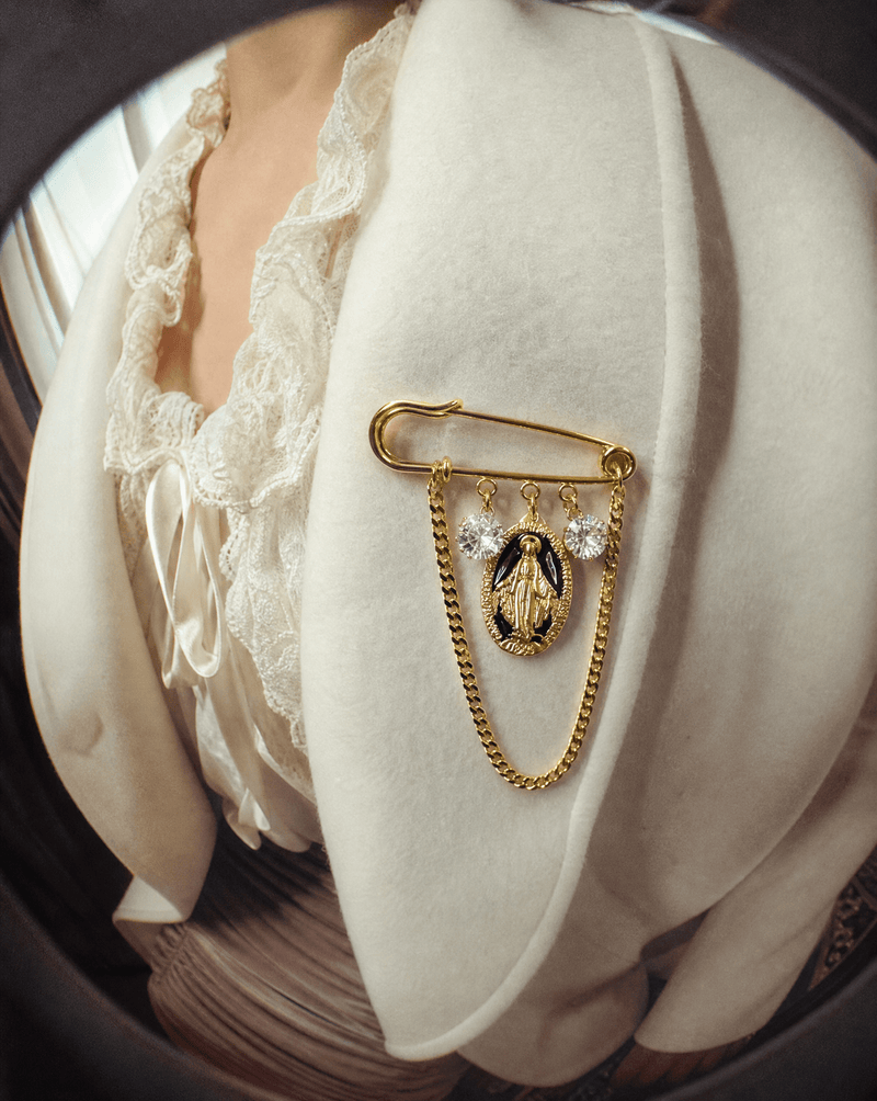 Miraculous Mary medal crystal coat pin – Phoebe's