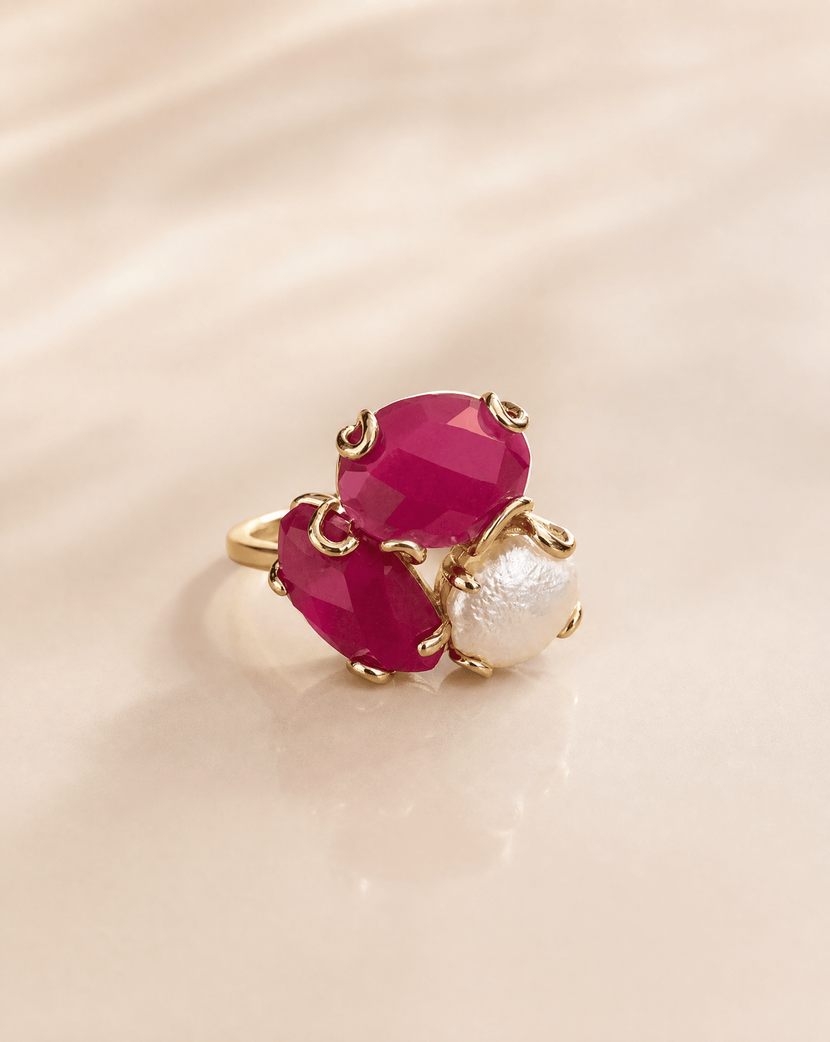 Multi-Stone Cluster Ring with Freshwater Pearl | Adjustable Open Band - Phoebe`s