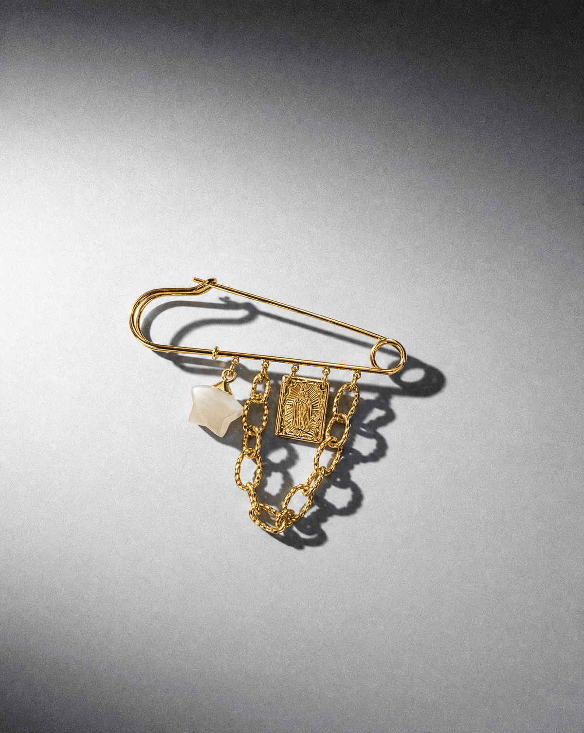 Oversized gold safety pin brooch with moonstone star – Phoebe's