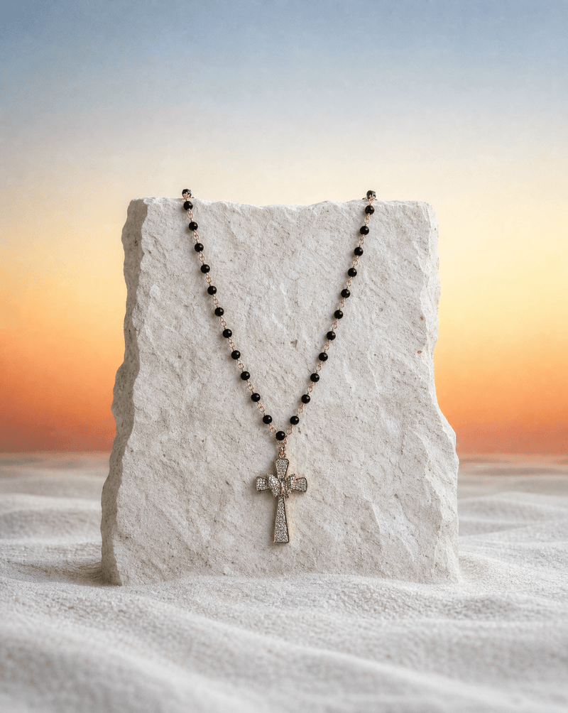 Pavé cross necklace on black onyx rosary chain – Phoebe's