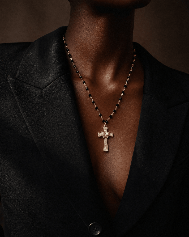 Pavé cross necklace on black onyx rosary chain – Phoebe's