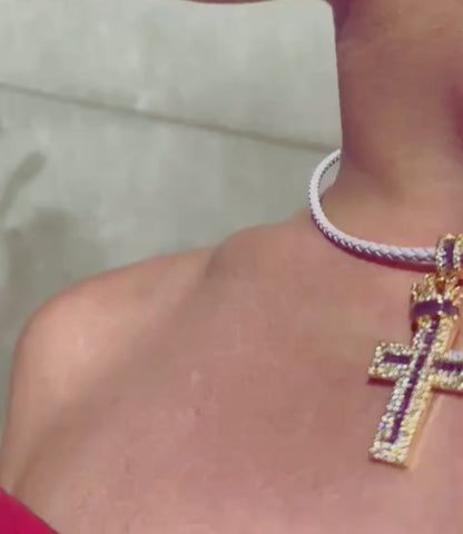 Leather Necklace with a Cross Embossed with Zirconia