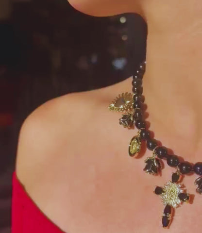 Catholic Onyx Necklace with a Cross, Virgin Mary Medals, and Votive Charms