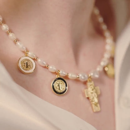 Pearl Choker, CZ Gold Cross Pendant, Catholic Charms