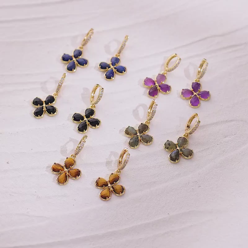 Gemstone Flower Earrings, Hook Earrings, Women Jewelry