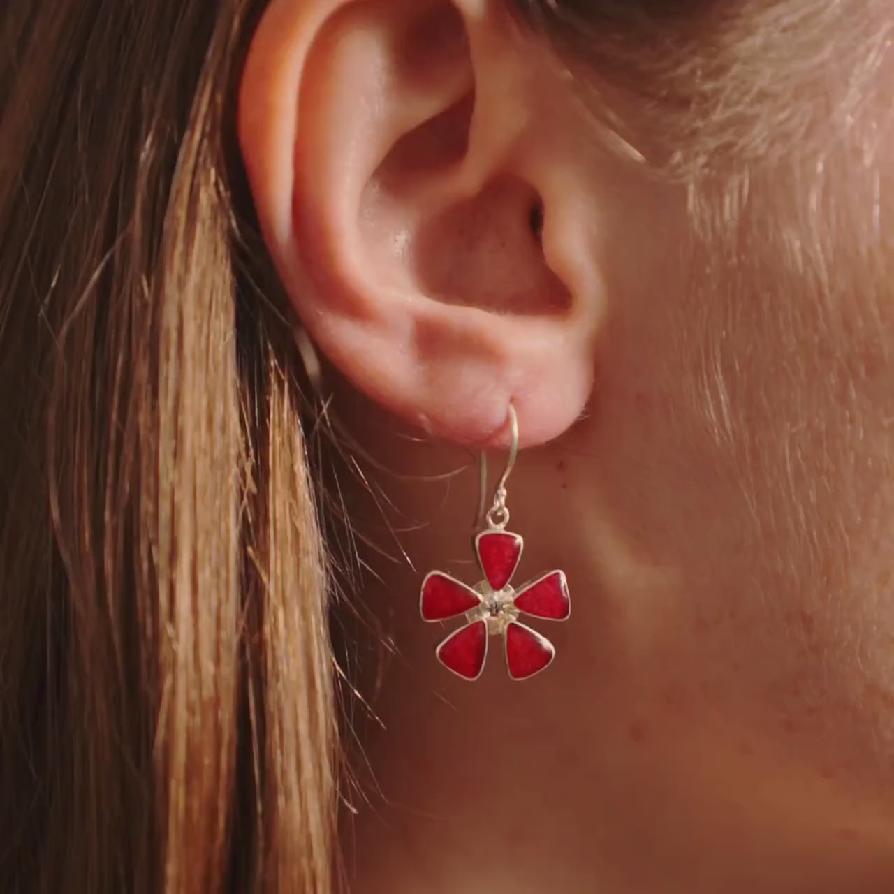 Red Coral Earrings, Flower 925 Silver Earrings, Handmade Gift