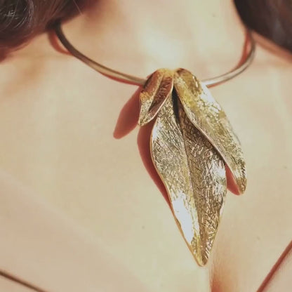 Gold Statement Choker, Leaf Charm, Anniversary Gift