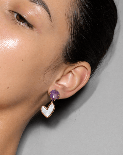 Raw amethyst heart drop earrings worn – Phoebe's